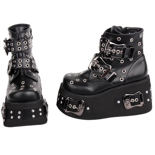 Ladies’ Hollow Punched Thick Sole Punk Style Short Boots - Punk Boots