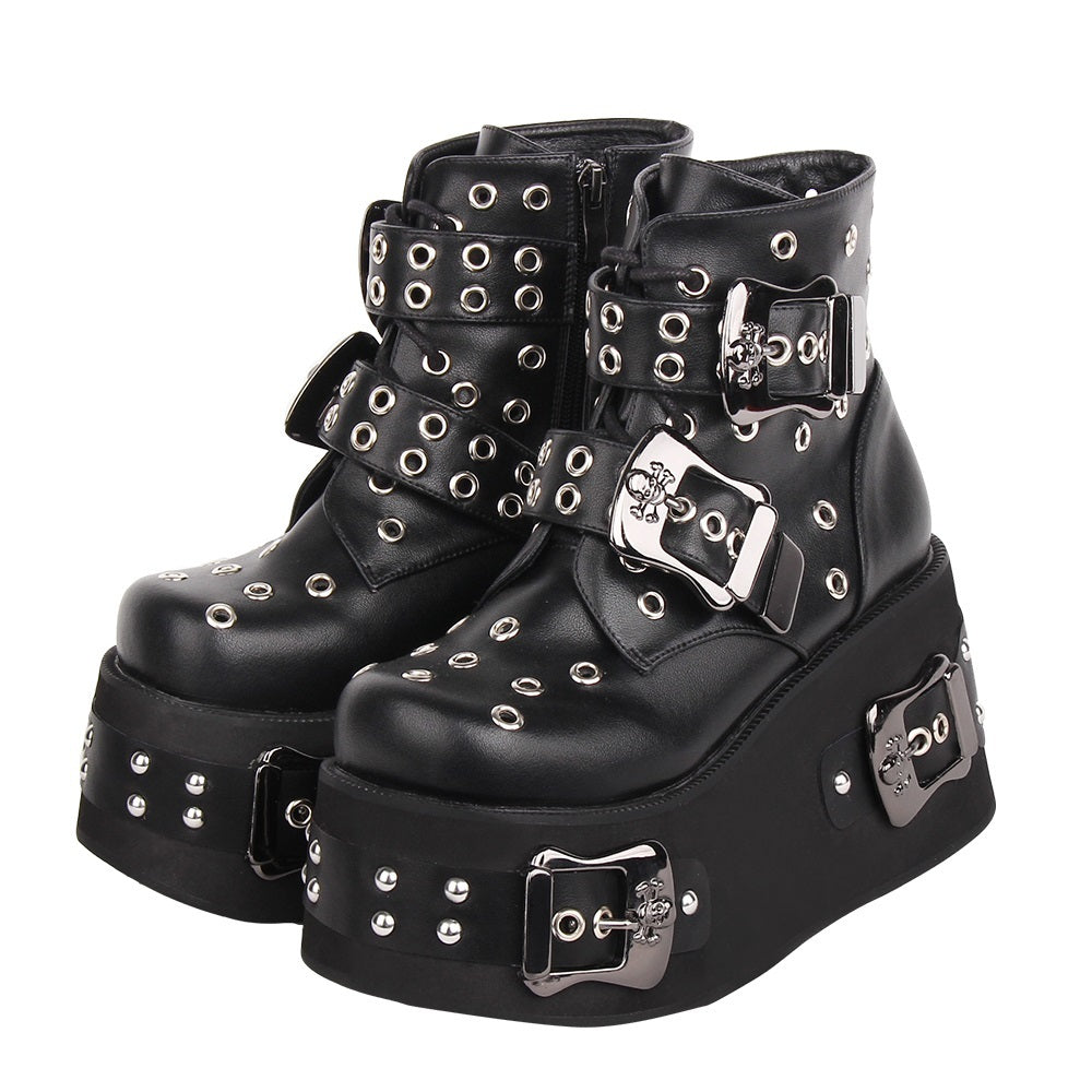 Ladies’ Hollow Punched Thick Sole Punk Style Short Boots - Black / 34 - Punk Boots