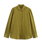 Ladies’ Linen Shirt and Wide Leg Pants Summer Outfit - Olive Green Top / L