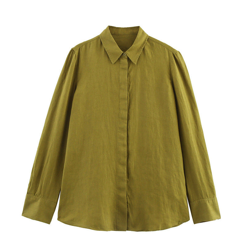 Ladies’ Linen Shirt and Wide Leg Pants Summer Outfit - Olive Green Top / L