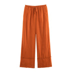 Ladies’ Linen Shirt and Wide Leg Pants Summer Outfit - Orange Pants / L