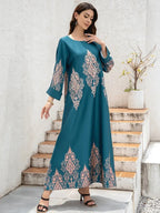 Ladies Middle East Abaya Dress Flower Printed Long Robe Islamic Clothing Modest Dress - Abaya Dress