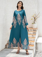 Ladies Middle East Abaya Dress Flower Printed Long Robe Islamic Clothing Modest Dress - Peacock Green / L - Abaya Dress