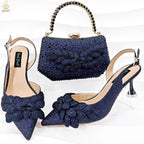 Ladies’ Party Shoes & Bag Set Handmade Leaf Decorative Wine Glass Heel - Dark Blue / 38 - Party shoes and bag set