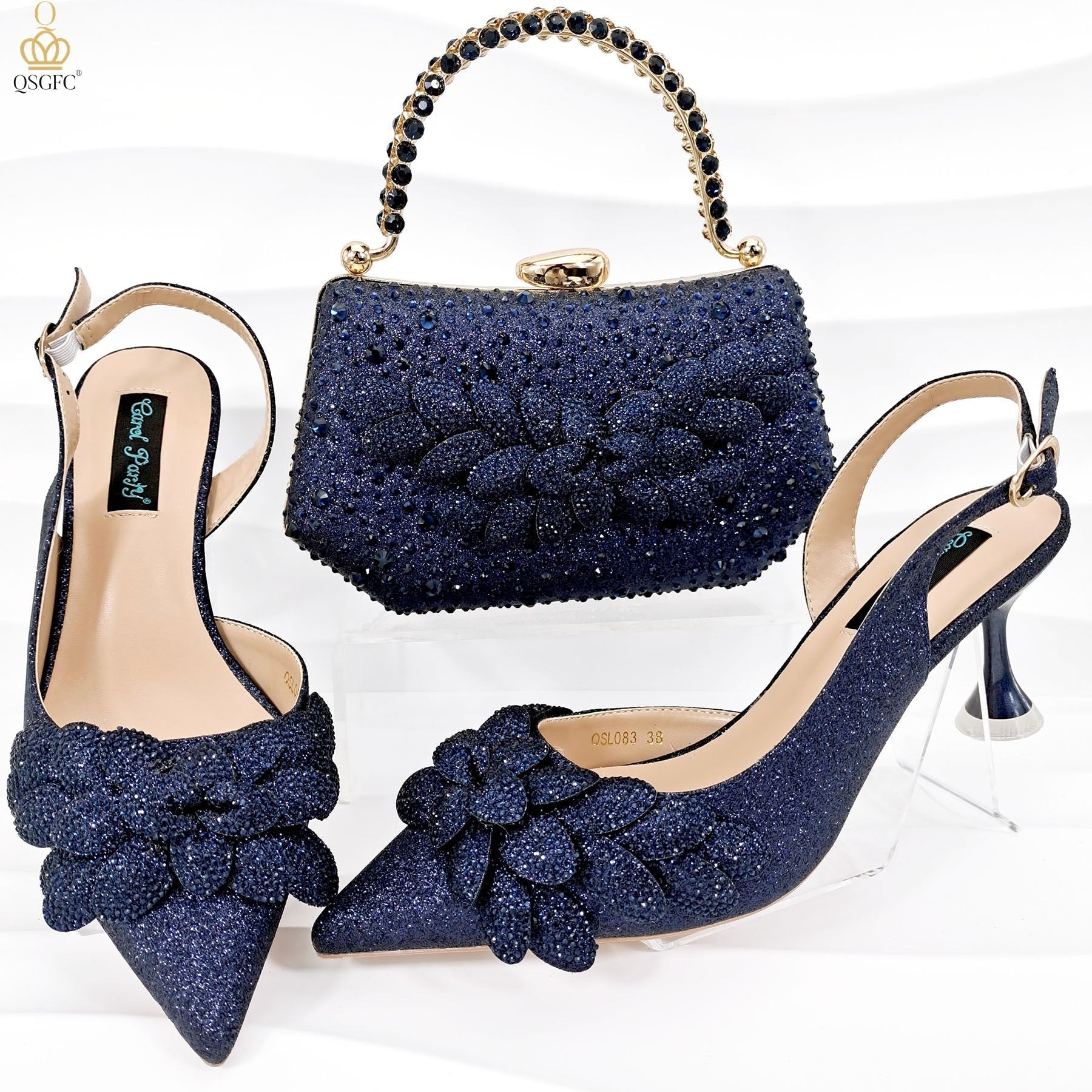 Ladies’ Party Shoes & Bag Set Handmade Leaf Decorative Wine Glass Heel - Dark Blue / 38 - Party shoes and bag set