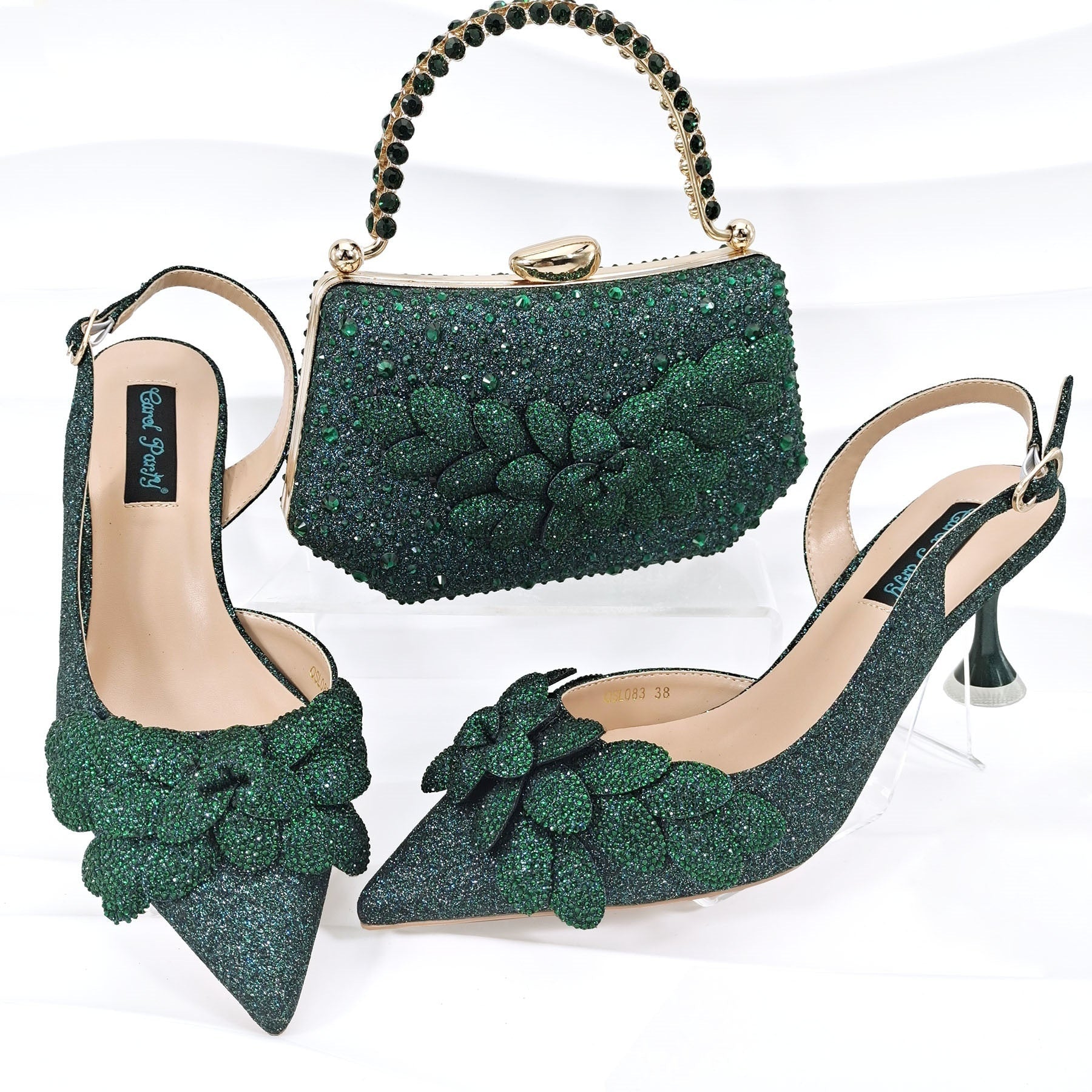 Ladies’ Party Shoes & Bag Set Handmade Leaf Decorative Wine Glass Heel - Party shoes and bag set