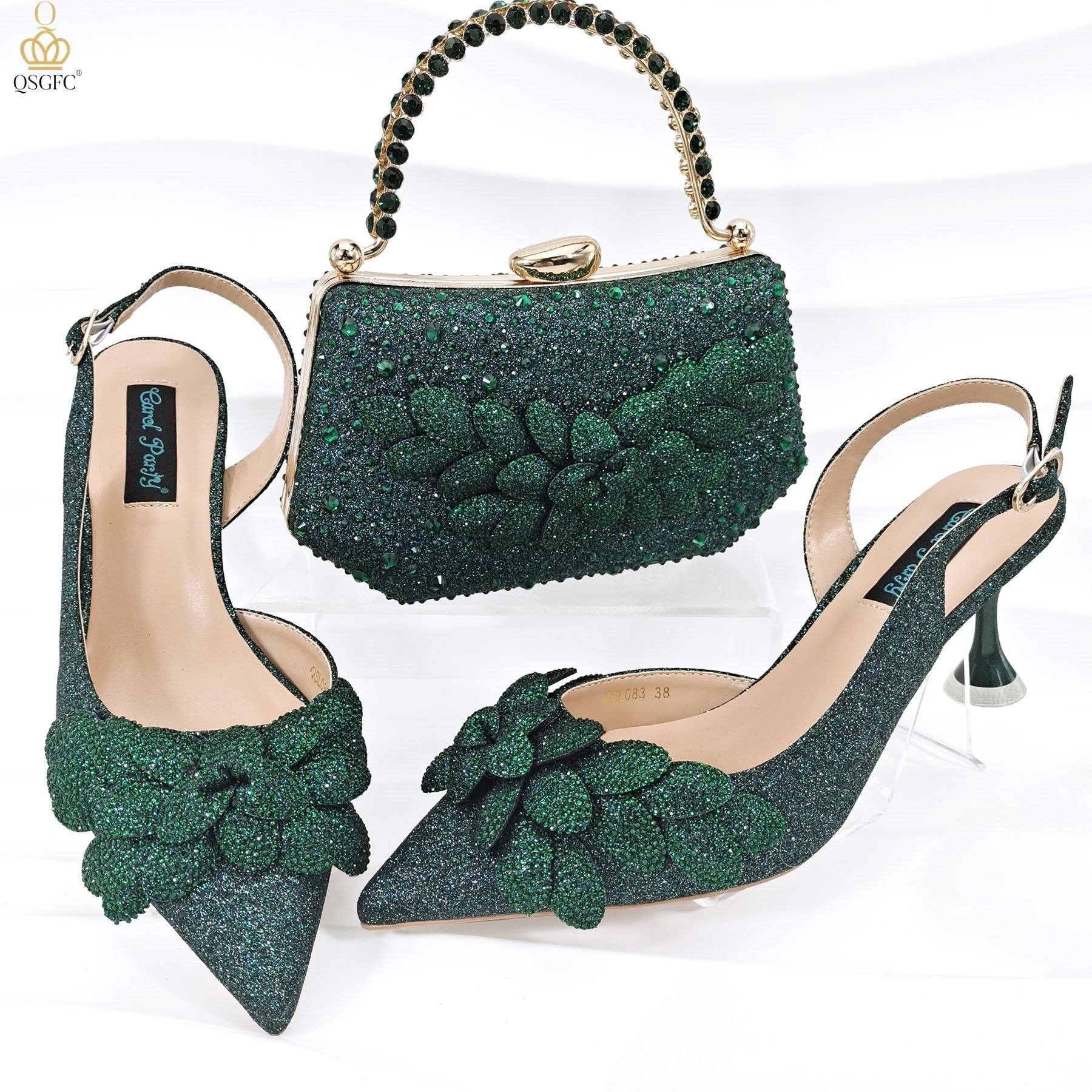 Ladies’ Party Shoes & Bag Set Handmade Leaf Decorative Wine Glass Heel - Dark Green / 38 - Party shoes and bag set