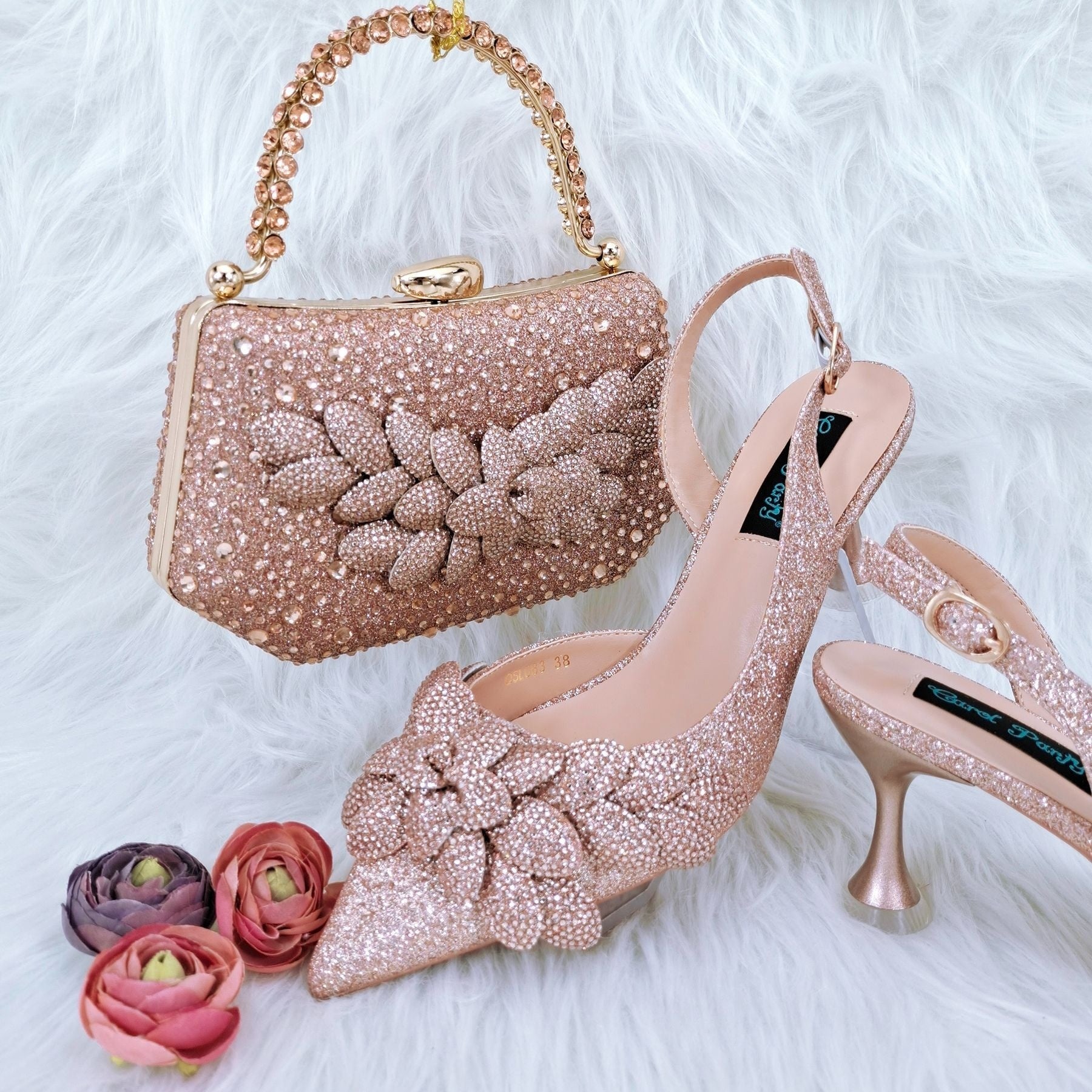 Ladies’ Party Shoes & Bag Set Handmade Leaf Decorative Wine Glass Heel - Party shoes and bag set