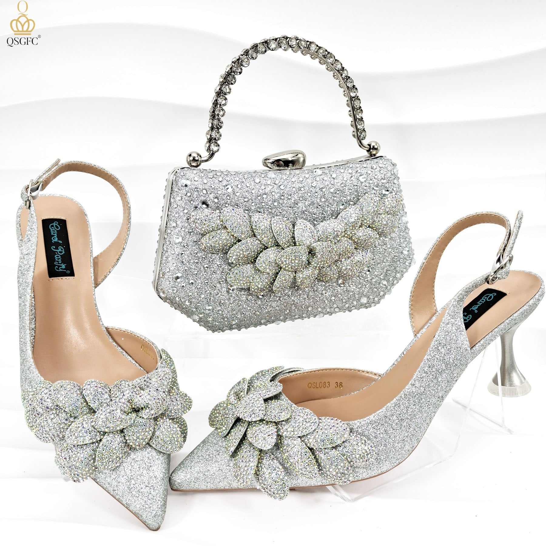 Ladies’ Party Shoes & Bag Set Handmade Leaf Decorative Wine Glass Heel - Silver / 38 - Party shoes and bag set
