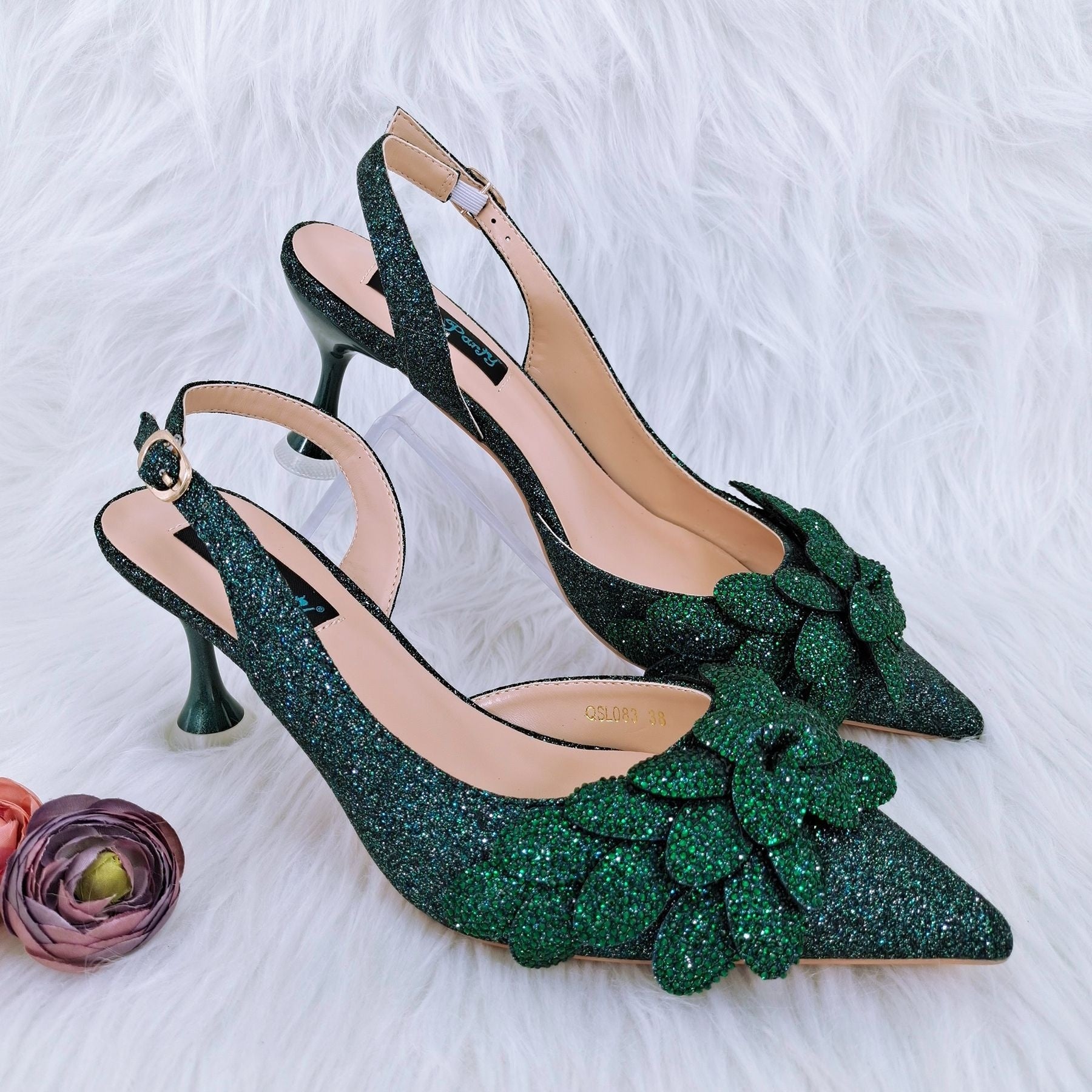Ladies’ Party Shoes & Bag Set Handmade Leaf Decorative Wine Glass Heel - Party shoes and bag set