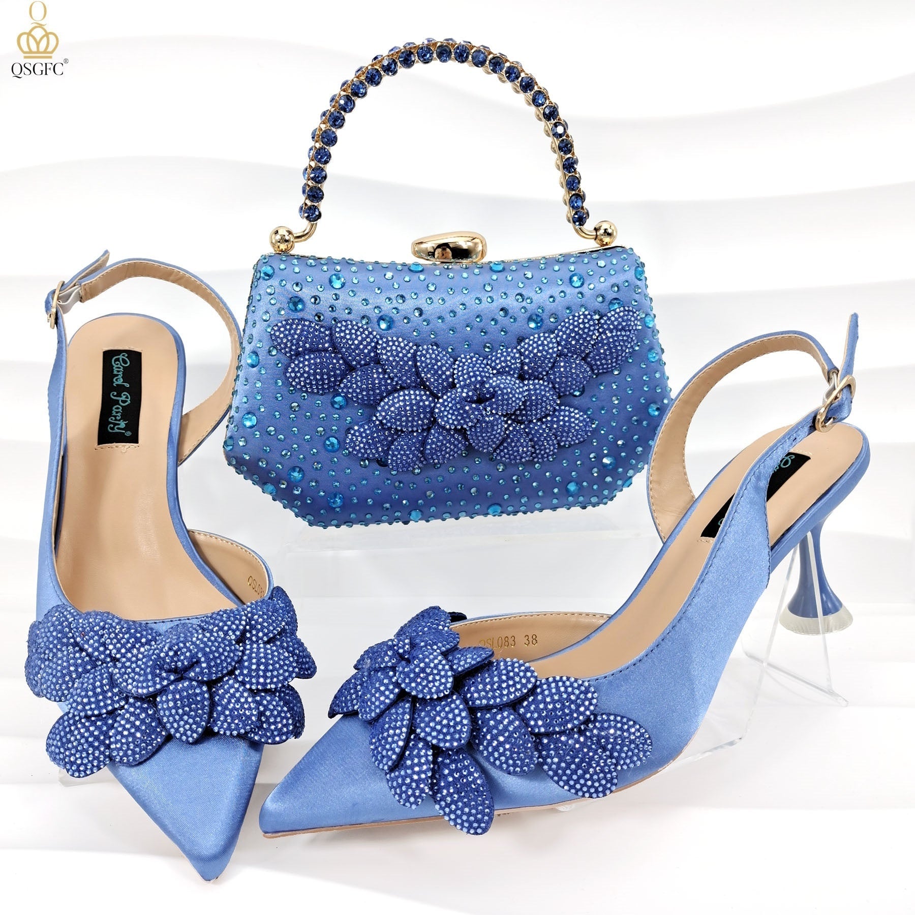 Ladies’ Party Shoes & Bag Set Handmade Leaf Decorative Wine Glass Heel - Sky Blue / 38 - Party shoes and bag set