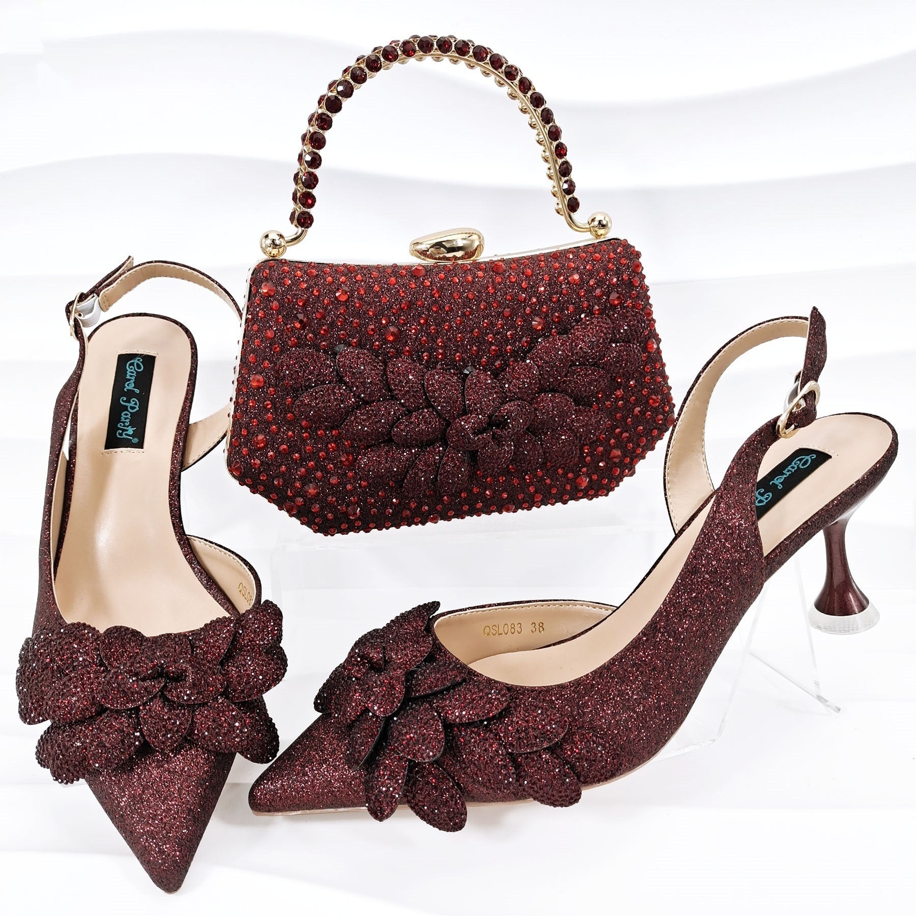 Ladies’ Party Shoes & Bag Set Handmade Leaf Decorative Wine Glass Heel - Wine Red / 38 - Party shoes and bag set