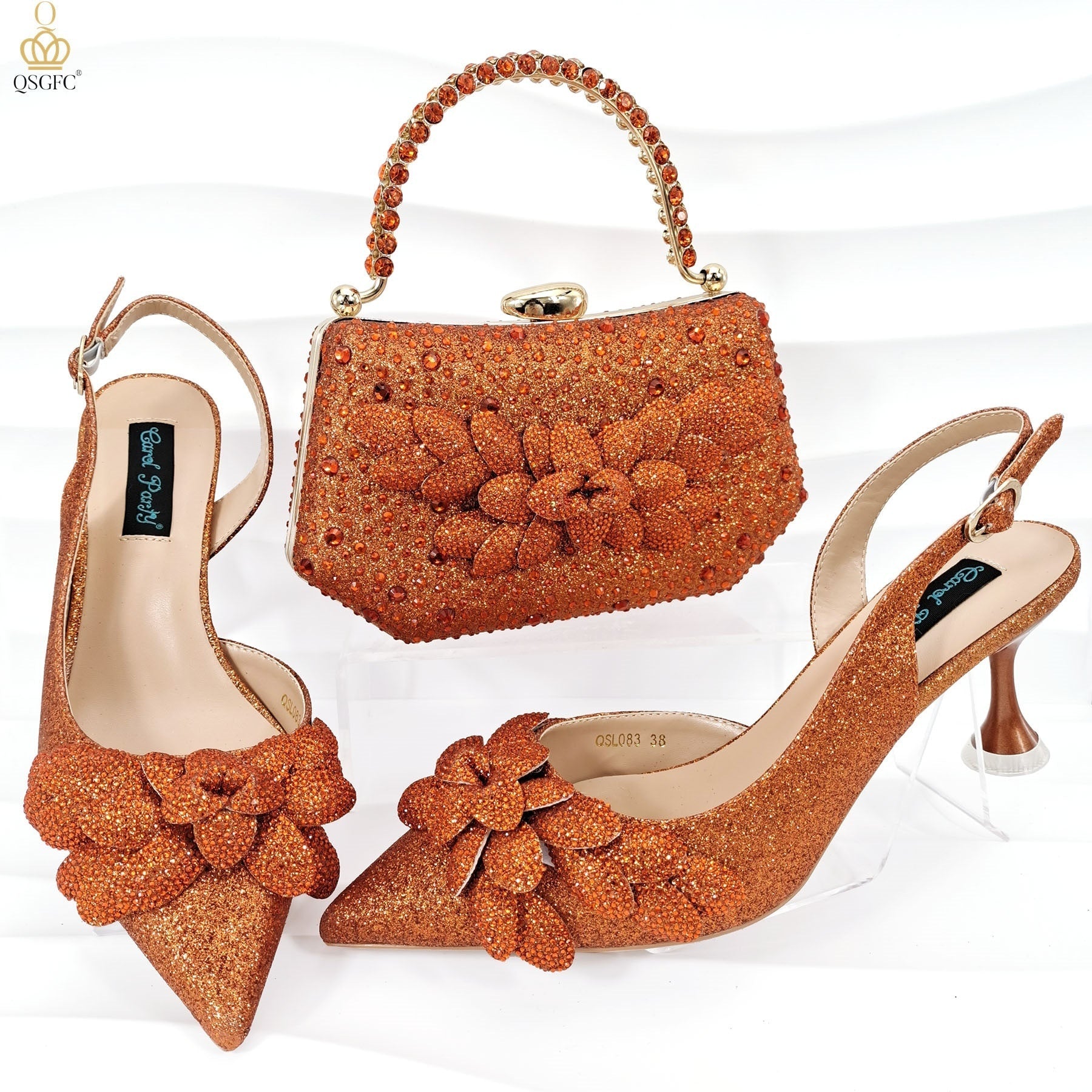 Ladies’ Party Shoes & Bag Set Handmade Leaf Decorative Wine Glass Heel - Orange Red / 38 - Party shoes and bag set