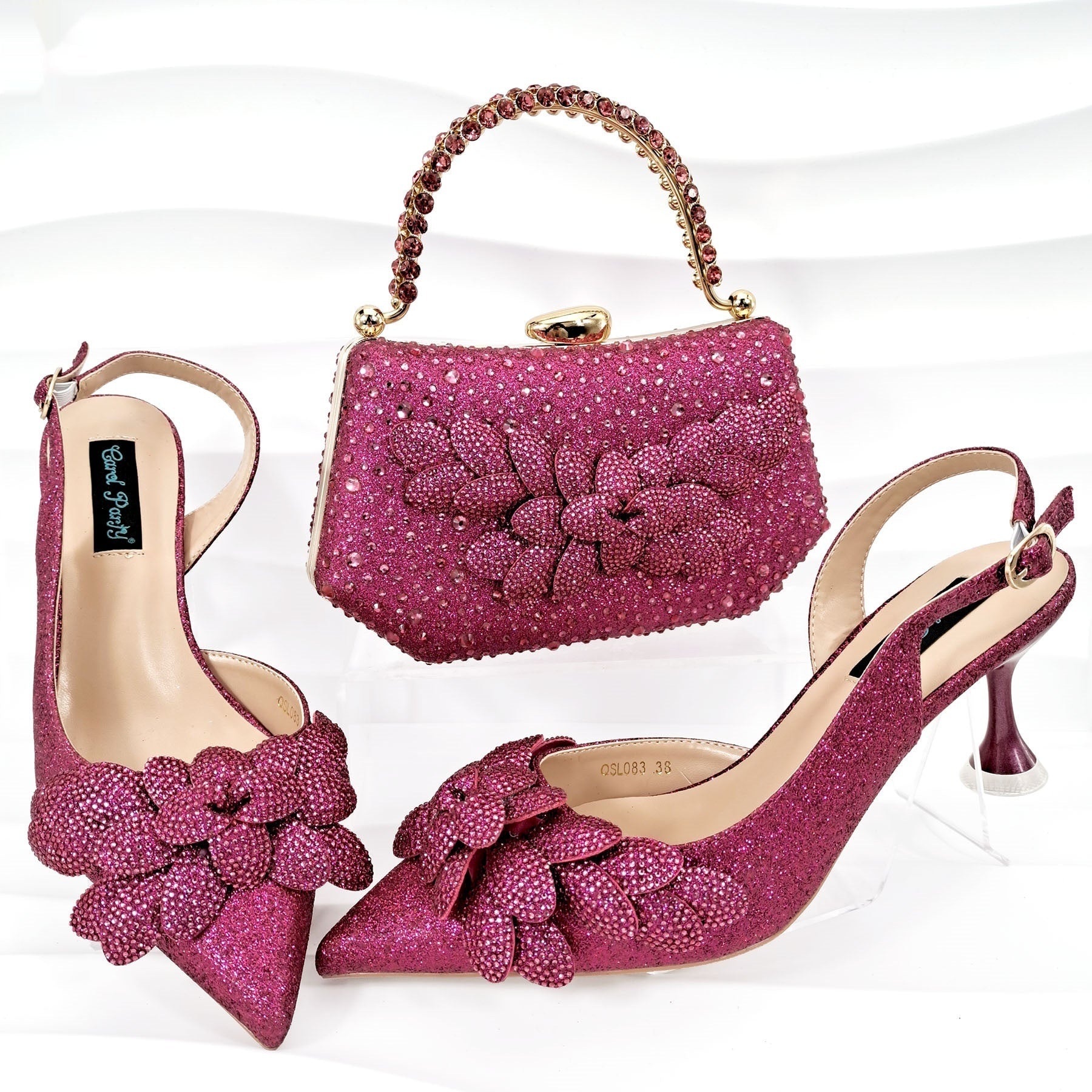 Ladies’ Party Shoes & Bag Set Handmade Leaf Decorative Wine Glass Heel - Party shoes and bag set