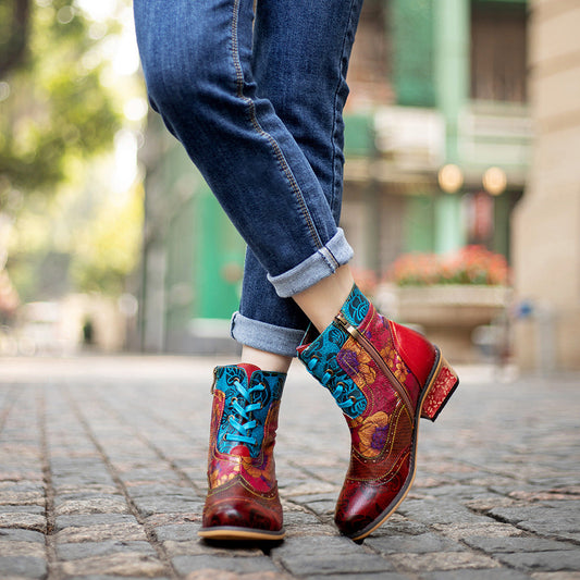 Ladies’ Retro Ethnic Boots Lace Pattern Cowboy Boots - Women’s Cowboy Boot