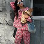 Ladies' Two-Pieces Set-Plaid Shirt with Wide Leg Pants