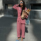 Ladies’ Two-Pieces Set-Plaid Shirt with Wide Leg Pants - 2-pieces set