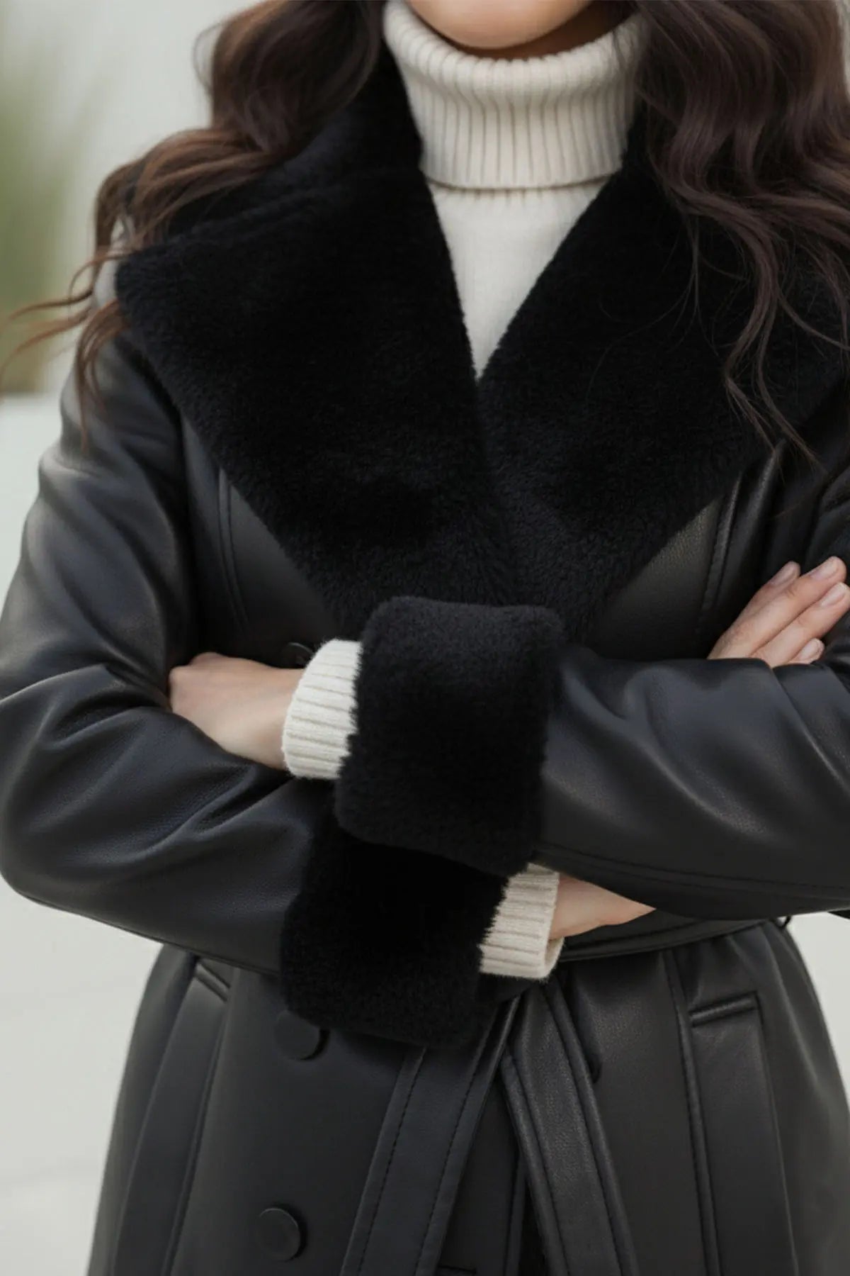 Leather Coat With Fur Detail On Collar And Sleeves | Black – NEOMODEST product image 4