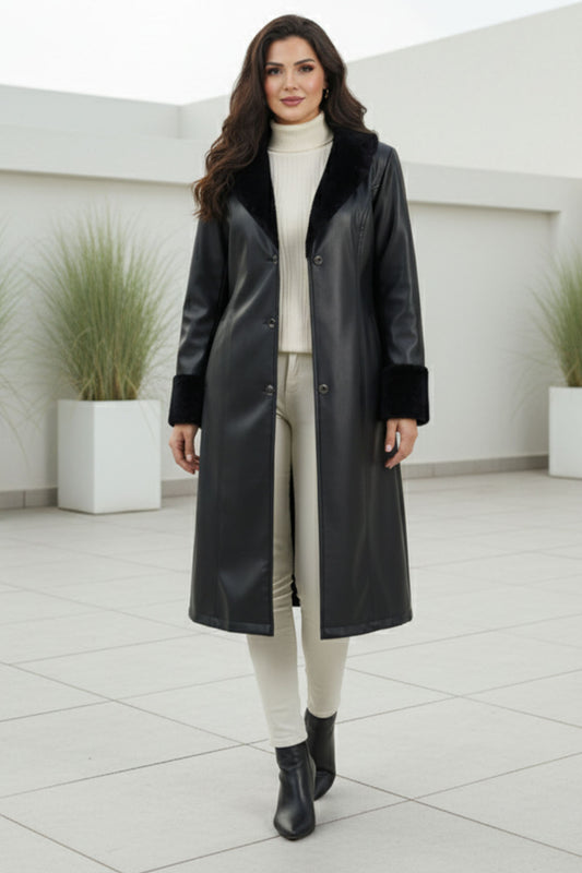 Leather Coat With Fur Detail On Collar And Sleeves | Black – NEOMODEST product image 1