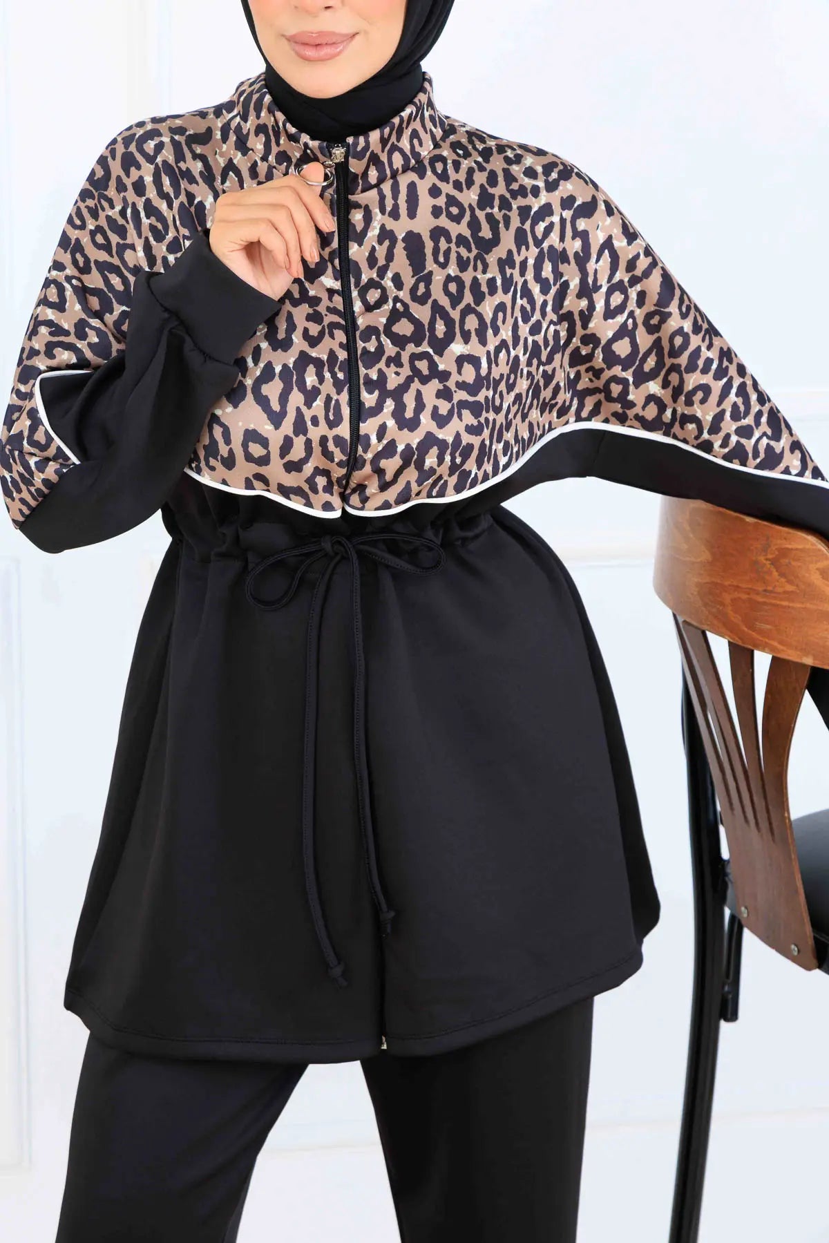 Leopard Patterned Scuba Two Piece Suit | Black – NEOMODEST, image 2