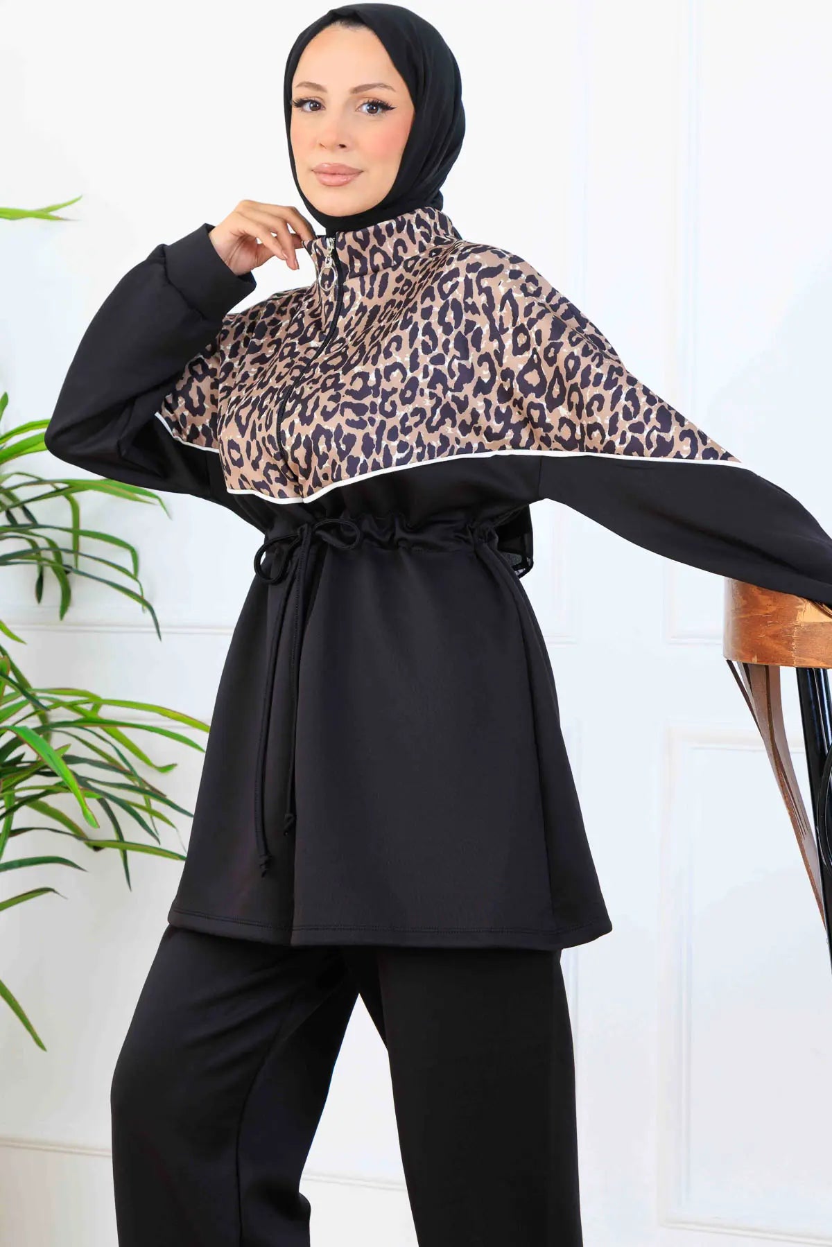 Leopard Patterned Scuba Two Piece Suit | Black – NEOMODEST, image 4