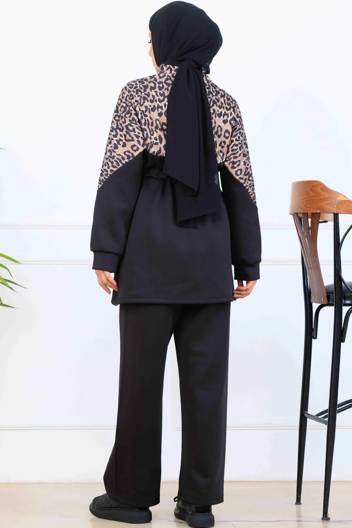 Leopard Patterned Scuba Two Piece Suit | Black – NEOMODEST, image 5