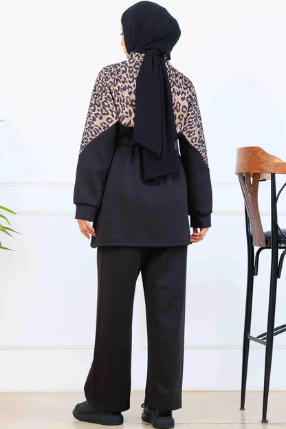 Leopard Patterned Scuba Two Piece Suit | Black – NEOMODEST, image 5