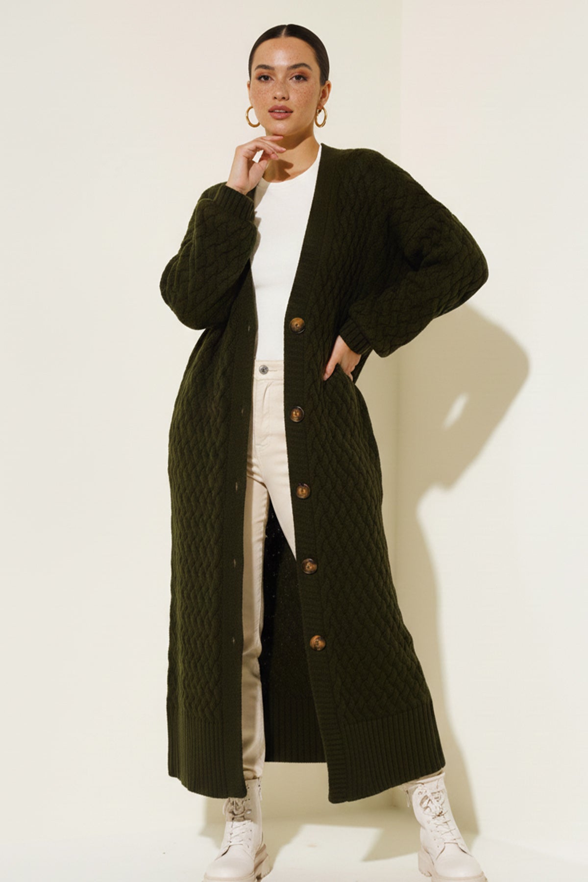 Long Knitted Cardigan With Knitted Pattern – NEOMODEST product image 1