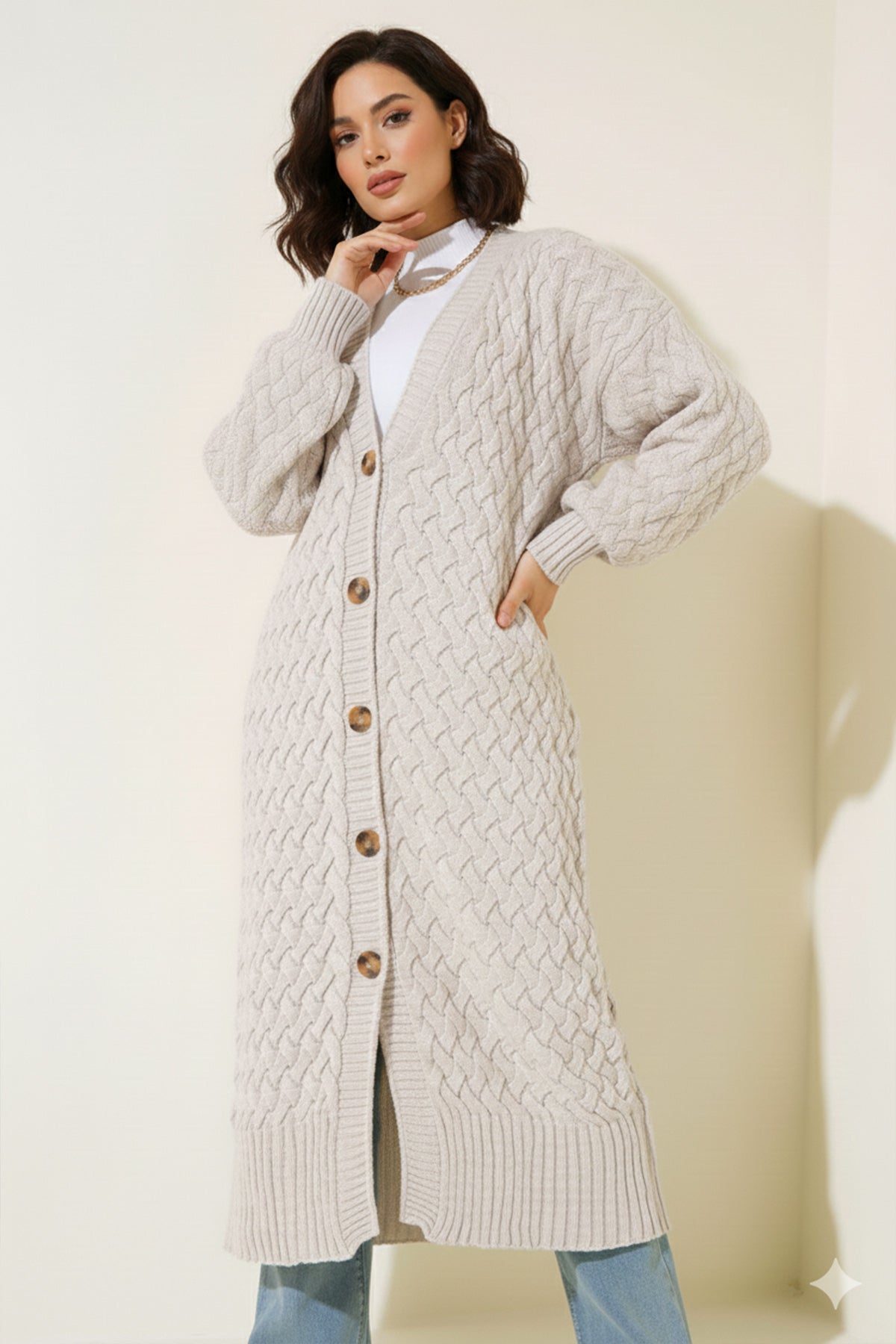 Long Knitted Cardigan With Knitted Pattern – NEOMODEST product image 1