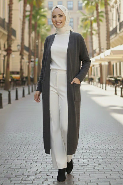 Long Knitted Cardigan With Pockets | Anthracite – NEOMODEST product image 2