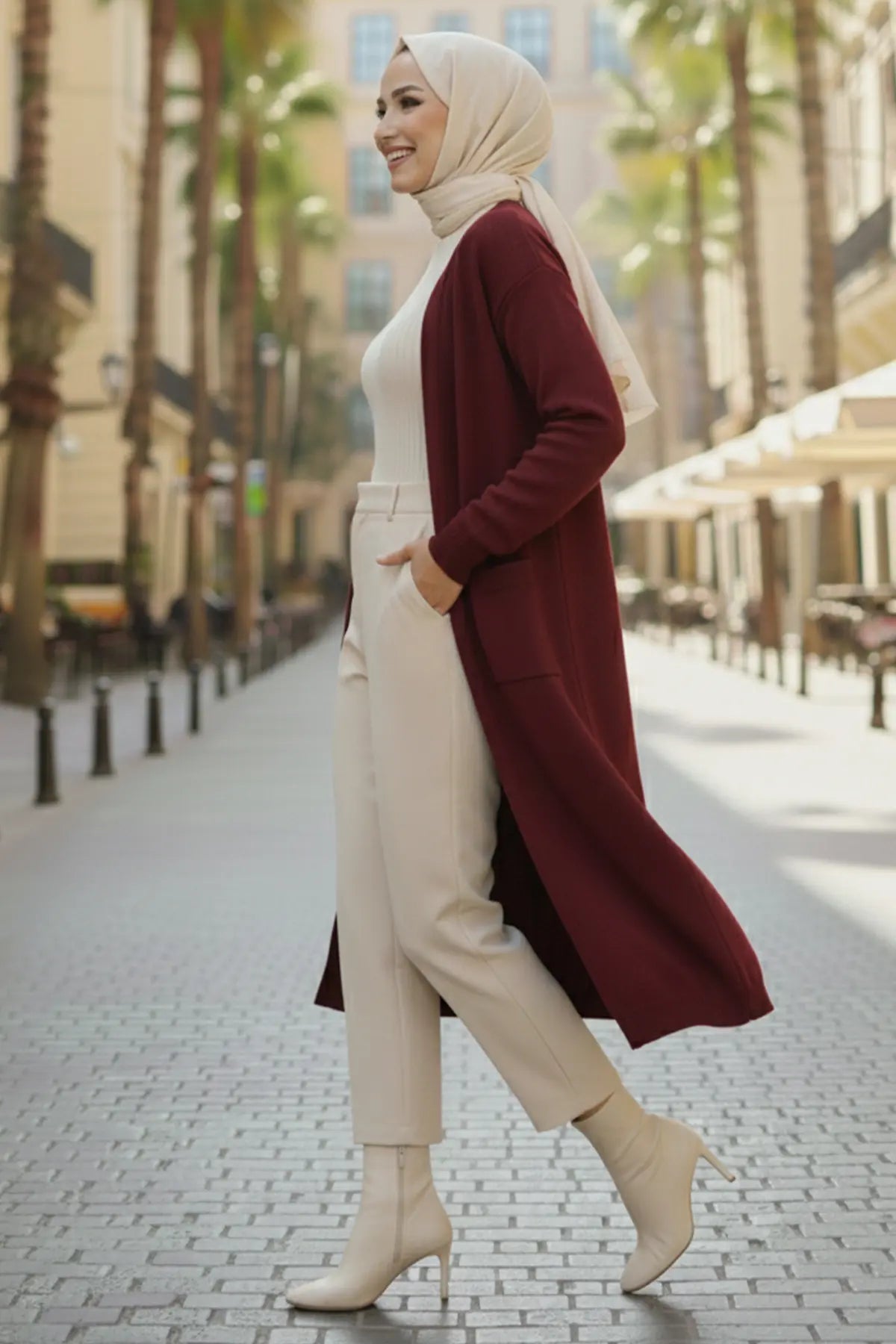 Long Knitted Cardigan With Pockets | Claret Red – NEOMODEST product image 2