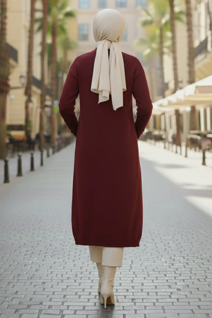 Long Knitted Cardigan With Pockets | Claret Red – NEOMODEST product image 3