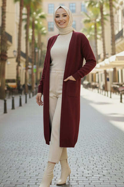 Long Knitted Cardigan With Pockets | Claret Red – NEOMODEST product image 1