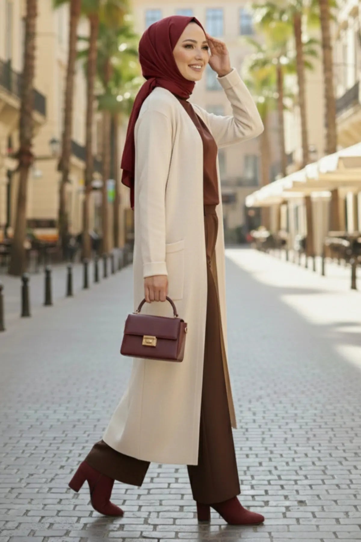 Long Knitted Cardigan With Pockets | Beige – NEOMODEST product image 2