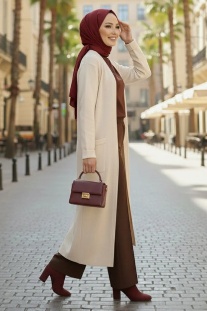 Long Knitted Cardigan With Pockets | Beige – NEOMODEST product image 2