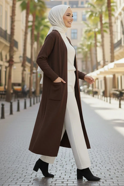 Long Knitted Cardigan With Pockets | Brown – NEOMODEST product image 2
