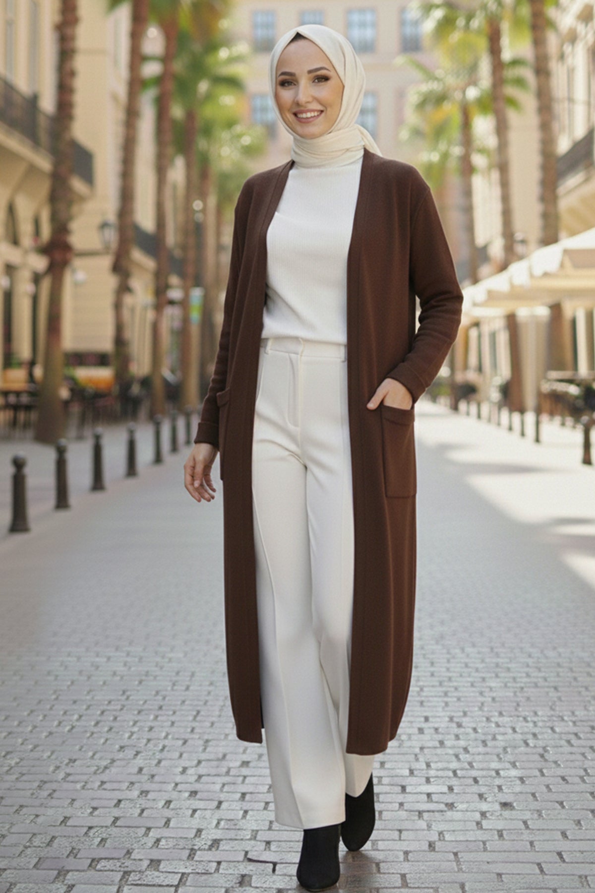Long Knitted Cardigan With Pockets | Brown – NEOMODEST product image 1