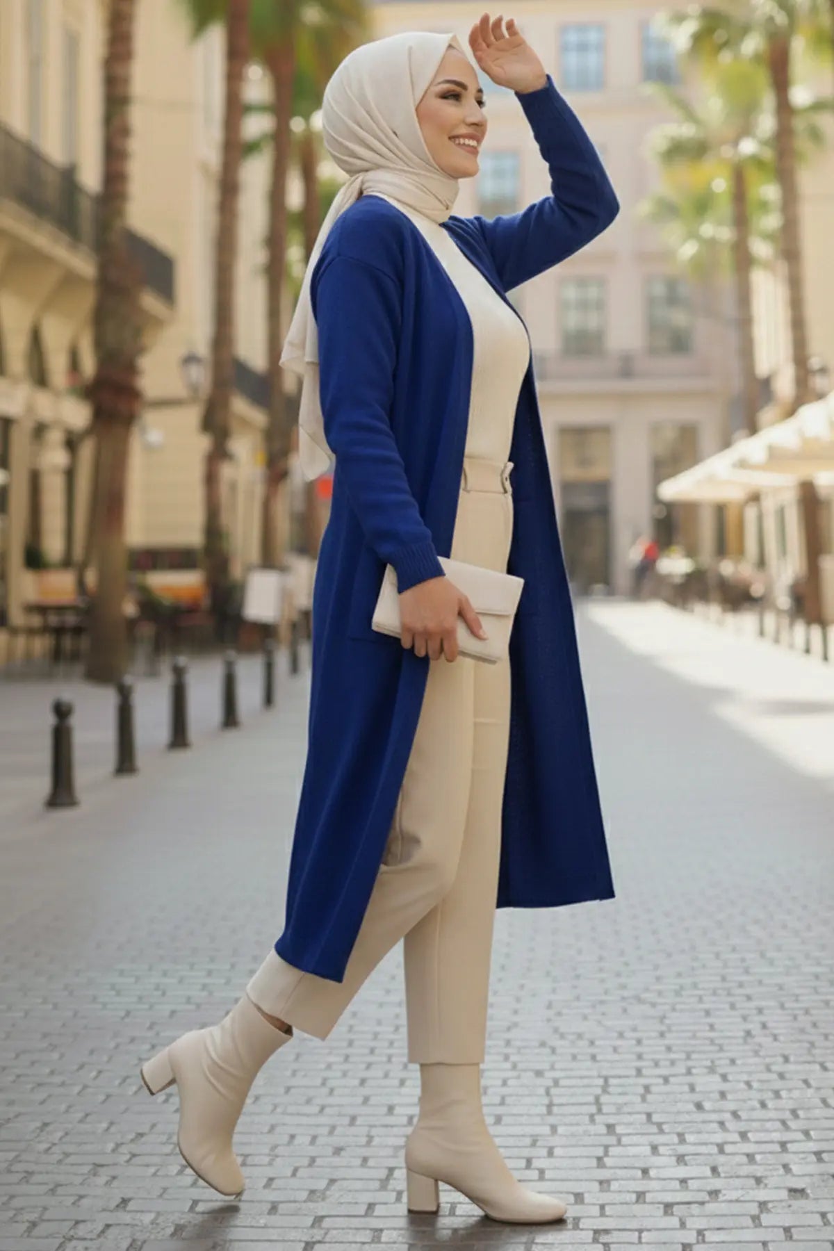 Long Knitted Cardigan With Pockets | Sax Blue – NEOMODEST product image 2