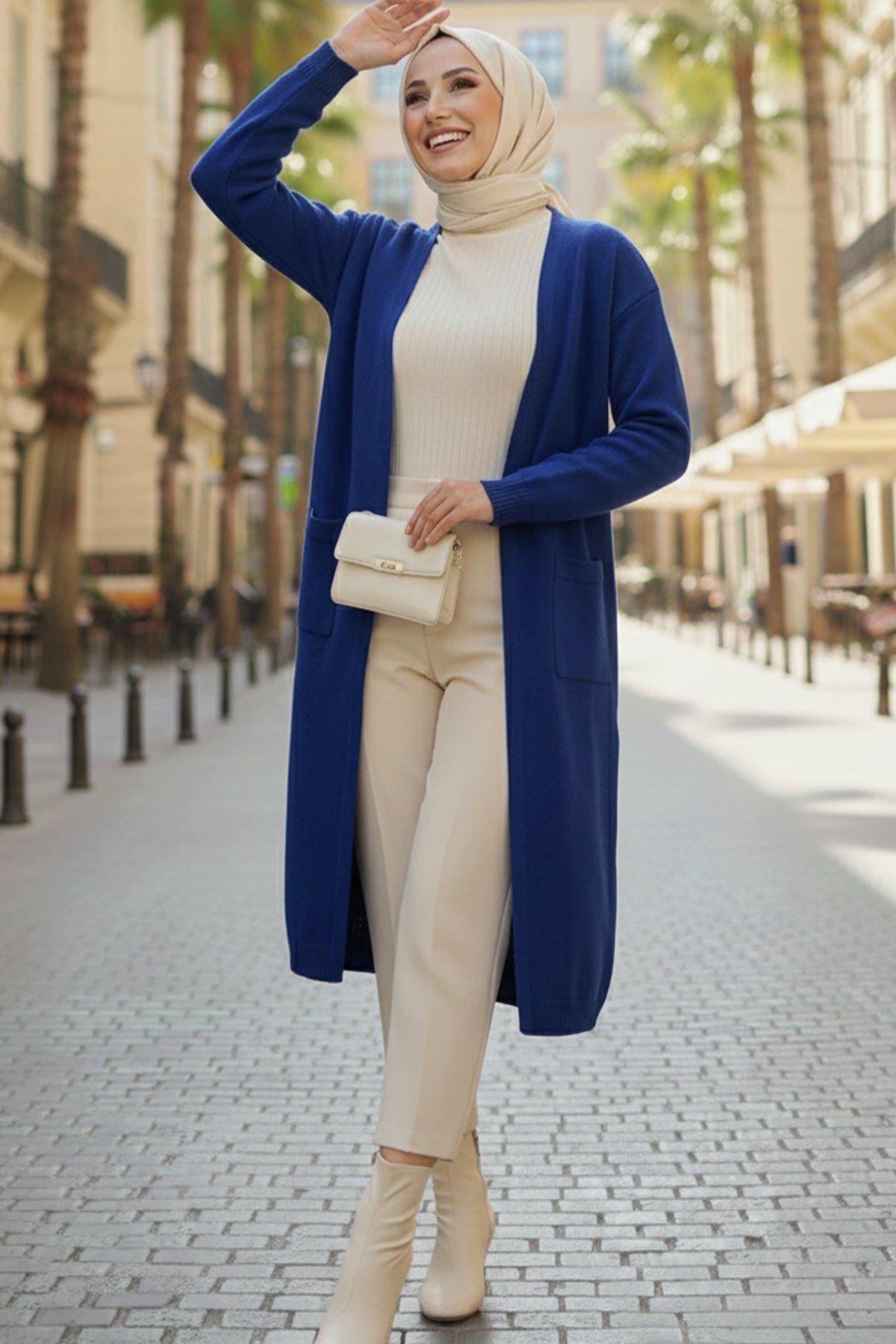 Long Knitted Cardigan With Pockets | Sax Blue – NEOMODEST product image 1