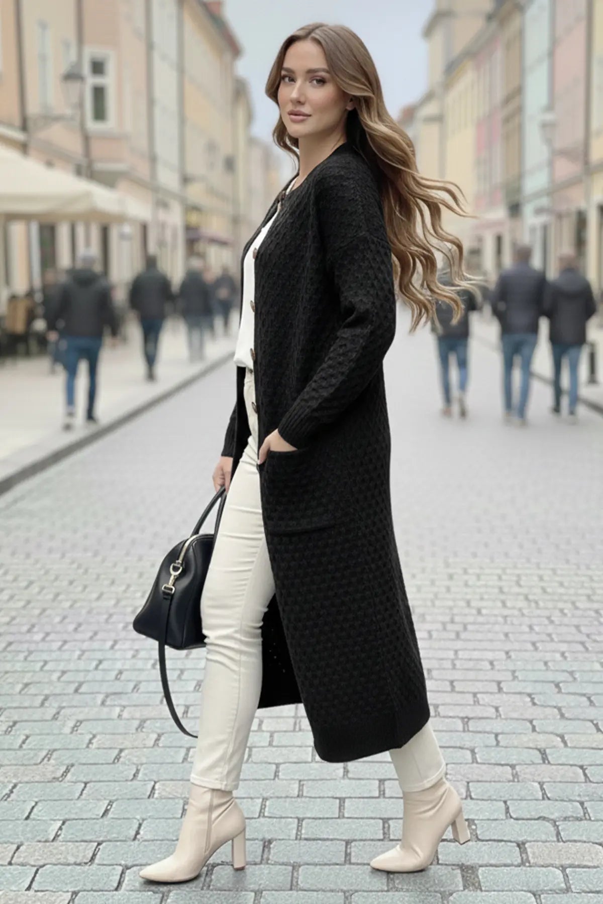 Long Patterned Knitted Cardigan With Pockets | Black – NEOMODEST product image 2