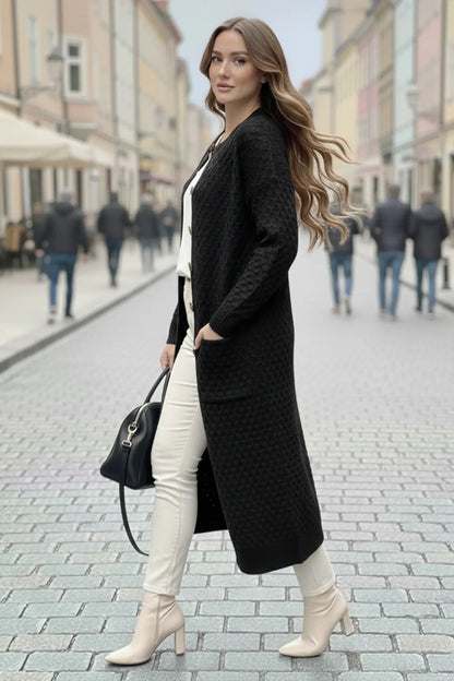 Long Patterned Knitted Cardigan With Pockets | Black – NEOMODEST product image 2