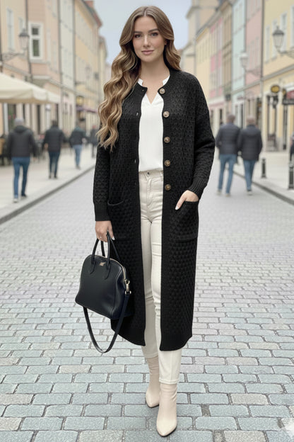 Long Patterned Knitted Cardigan With Pockets | Black – NEOMODEST product image 1