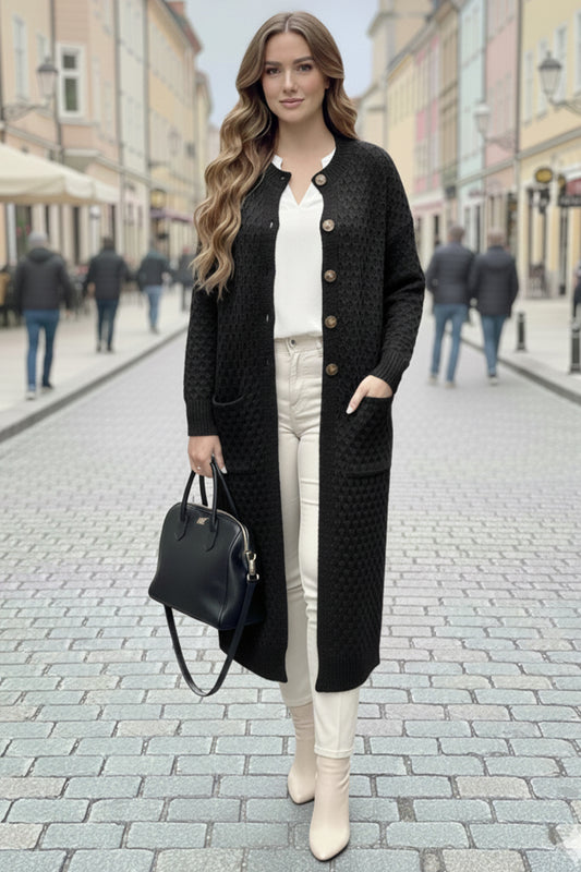 Long Patterned Knitted Cardigan With Pockets | Black – NEOMODEST product image 1