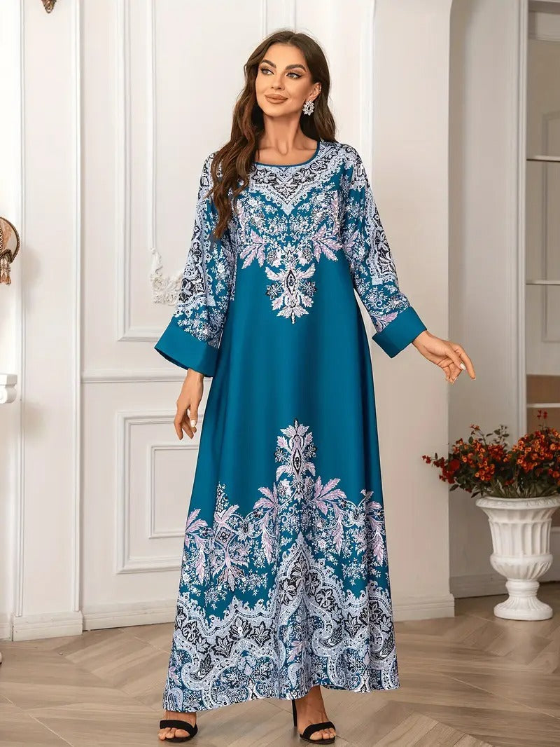 Long Sleeved Kaftan Dress Round Neck Dress With Bead Embellishment - kaftan