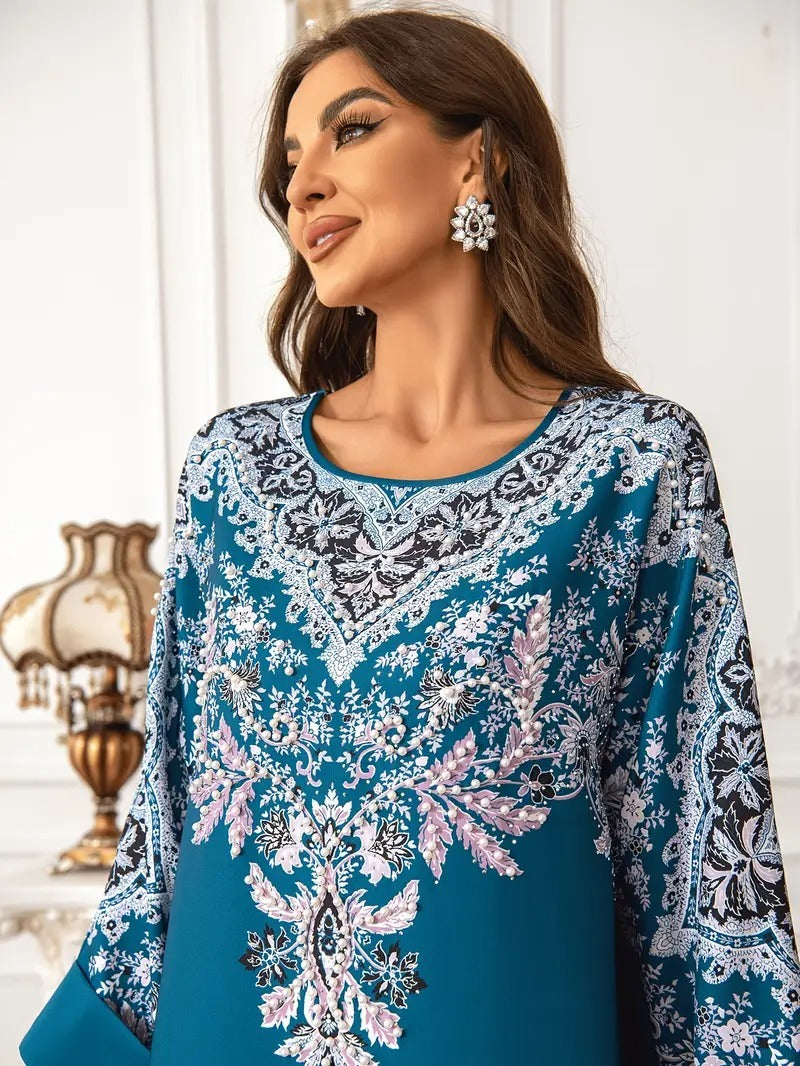 Long Sleeved Kaftan Dress Round Neck Dress With Bead Embellishment - kaftan