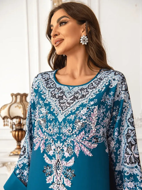 Long Sleeved Kaftan Dress Round Neck Dress With Bead Embellishment - kaftan