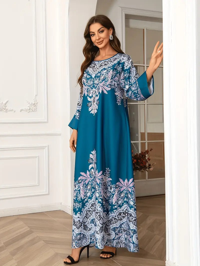 Long Sleeved Kaftan Dress Round Neck Dress With Bead Embellishment - kaftan