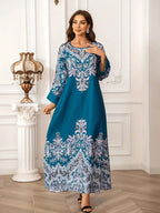 Long Sleeved Kaftan Dress Round Neck Dress With Bead Embellishment - Blue / L - kaftan