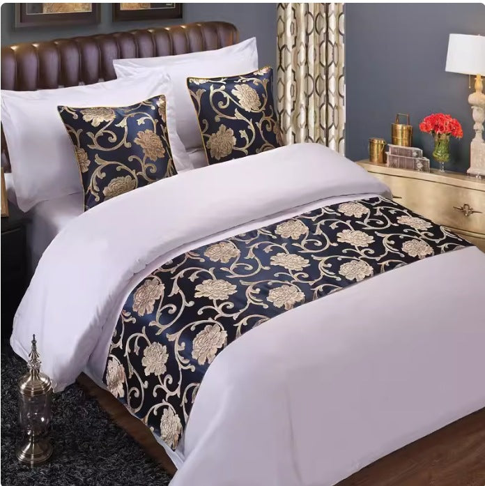 Luxury Hotel Bed Runner Mat with Pillow Covers - Blue Background Peony / 50x180cm - Hotel bed runner mat with pillow
