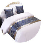 Luxury Hotel Bed Runner Mat with Pillow Covers - Silver Edge Blue Flower / 50x180cm - Hotel bed runner mat with pillow